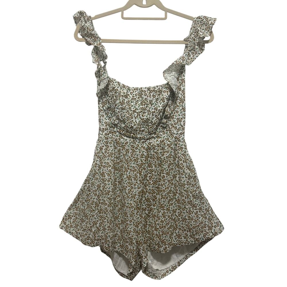 Indikah Brown White Green Floral Open Back Romper Medium/Large